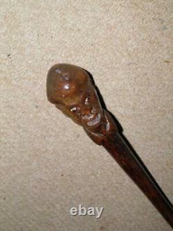 Victorian Walking Stick/Cane Hand Carved Grotesque Caricature Head- Glass Eyes