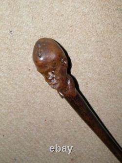 Victorian Walking Stick/Cane Hand Carved Grotesque Caricature Head- Glass Eyes