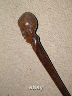 Victorian Walking Stick/Cane Hand Carved Grotesque Caricature Head- Glass Eyes