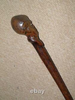 Victorian Walking Stick/Cane Hand Carved Grotesque Caricature Head- Glass Eyes