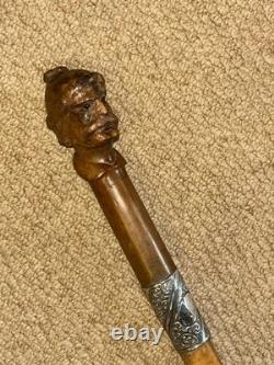 Victorian Walking Stick Cane Hand-Carved Man's Head & Hallmarked 1893 Silver