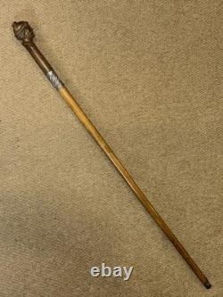 Victorian Walking Stick Cane Hand-Carved Man's Head & Hallmarked 1893 Silver