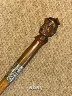 Victorian Walking Stick Cane Hand-Carved Man's Head & Hallmarked 1893 Silver