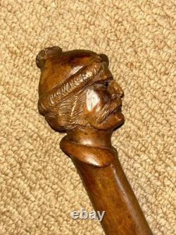 Victorian Walking Stick Cane Hand-Carved Man's Head & Hallmarked 1893 Silver