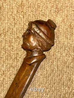 Victorian Walking Stick Cane Hand-Carved Man's Head & Hallmarked 1893 Silver