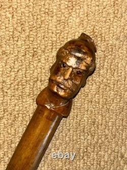 Victorian Walking Stick Cane Hand-Carved Man's Head & Hallmarked 1893 Silver