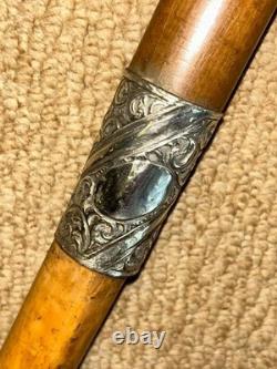 Victorian Walking Stick Cane Hand-Carved Man's Head & Hallmarked 1893 Silver