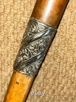 Victorian Walking Stick Cane Hand-Carved Man's Head & Hallmarked 1893 Silver