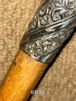 Victorian Walking Stick Cane Hand-Carved Man's Head & Hallmarked 1893 Silver