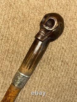 Victorian Walking Stick / Cane Hand Carved Skull & Hallmarked 1897 Silver Collar