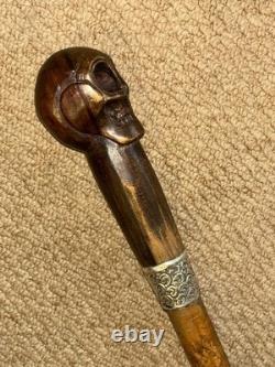 Victorian Walking Stick / Cane Hand Carved Skull & Hallmarked 1897 Silver Collar
