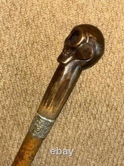 Victorian Walking Stick / Cane Hand Carved Skull & Hallmarked 1897 Silver Collar