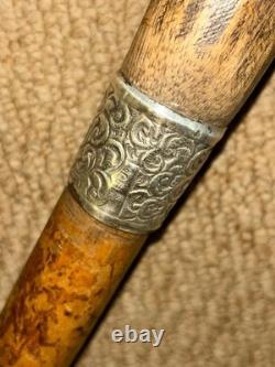 Victorian Walking Stick / Cane Hand Carved Skull & Hallmarked 1897 Silver Collar