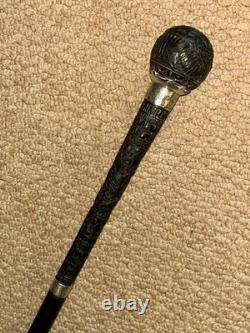 Victorian Walking Stick Cane Intricate Hand-Carved Top & Hallmarked 1891 Silver