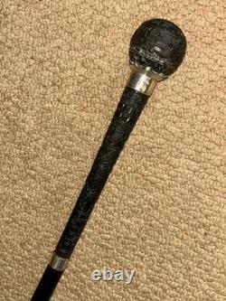 Victorian Walking Stick Cane Intricate Hand-Carved Top & Hallmarked 1891 Silver