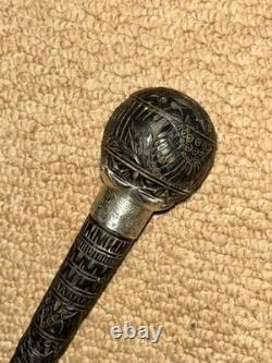 Victorian Walking Stick Cane Intricate Hand-Carved Top & Hallmarked 1891 Silver
