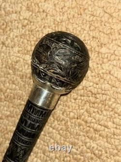 Victorian Walking Stick Cane Intricate Hand-Carved Top & Hallmarked 1891 Silver