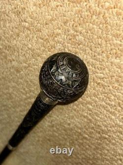 Victorian Walking Stick Cane Intricate Hand-Carved Top & Hallmarked 1891 Silver