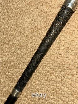 Victorian Walking Stick Cane Intricate Hand-Carved Top & Hallmarked 1891 Silver