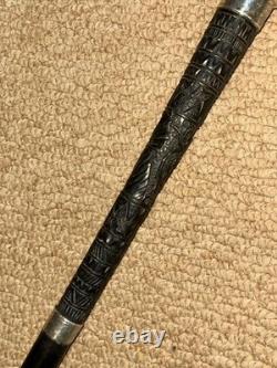 Victorian Walking Stick Cane Intricate Hand-Carved Top & Hallmarked 1891 Silver