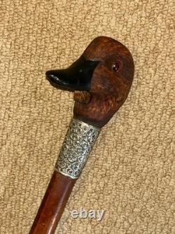 Victorian Walking Stick Gadget Carved Mechanical Duck Hallmarked 1897 Silver