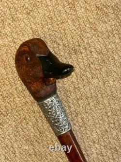 Victorian Walking Stick Gadget Carved Mechanical Duck Hallmarked 1897 Silver