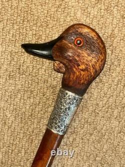 Victorian Walking Stick Gadget Carved Mechanical Duck Hallmarked 1897 Silver