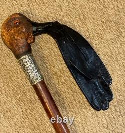 Victorian Walking Stick Gadget Carved Mechanical Duck Hallmarked 1897 Silver