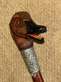Victorian Walking Stick Gadget Carved Mechanical Duck Hallmarked 1897 Silver