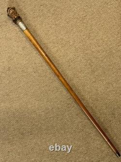 Victorian Walking Stick Hand-Carved Bavarian Man & Hallmarked 1895 Silver Collar