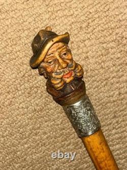 Victorian Walking Stick Hand-Carved Bavarian Man & Hallmarked 1895 Silver Collar