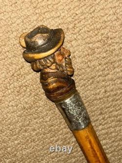 Victorian Walking Stick Hand-Carved Bavarian Man & Hallmarked 1895 Silver Collar