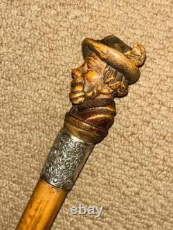 Victorian Walking Stick Hand-Carved Bavarian Man & Hallmarked 1895 Silver Collar