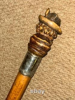 Victorian Walking Stick Hand-Carved Bavarian Man & Hallmarked 1895 Silver Collar