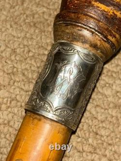 Victorian Walking Stick Hand-Carved Bavarian Man & Hallmarked 1895 Silver Collar