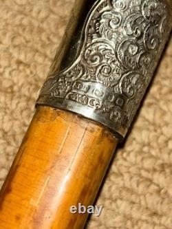 Victorian Walking Stick Hand-Carved Bavarian Man & Hallmarked 1895 Silver Collar