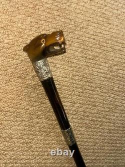 Victorian Walking Stick Hand-Carved Bovine Horn Dog & Hallmarked 1884 Silver