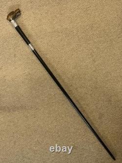 Victorian Walking Stick Hand-Carved Bovine Horn Dog & Hallmarked 1884 Silver