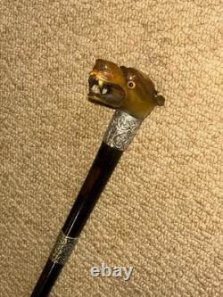 Victorian Walking Stick Hand-Carved Bovine Horn Dog & Hallmarked 1884 Silver