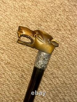 Victorian Walking Stick Hand-Carved Bovine Horn Dog & Hallmarked 1884 Silver