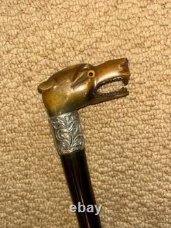 Victorian Walking Stick Hand-Carved Bovine Horn Dog & Hallmarked 1884 Silver