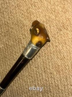 Victorian Walking Stick Hand-Carved Bovine Horn Dog & Hallmarked 1884 Silver