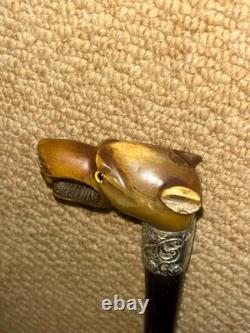 Victorian Walking Stick Hand-Carved Bovine Horn Dog & Hallmarked 1884 Silver