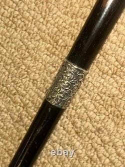 Victorian Walking Stick Hand-Carved Bovine Horn Dog & Hallmarked 1884 Silver