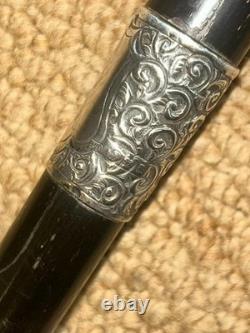 Victorian Walking Stick Hand-Carved Bovine Horn Dog & Hallmarked 1884 Silver