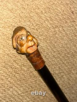 Victorian Walking Stick Hand-Carved Bovine Horn Man & Brown Leather Collar