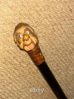 Victorian Walking Stick Hand-Carved Bovine Horn Man & Brown Leather Collar