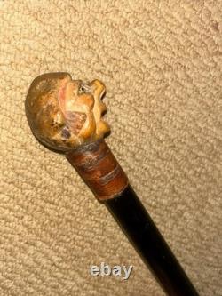 Victorian Walking Stick Hand-Carved Bovine Horn Man & Brown Leather Collar