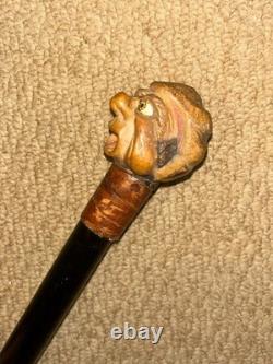 Victorian Walking Stick Hand-Carved Bovine Horn Man & Brown Leather Collar