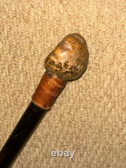 Victorian Walking Stick Hand-Carved Bovine Horn Man & Brown Leather Collar